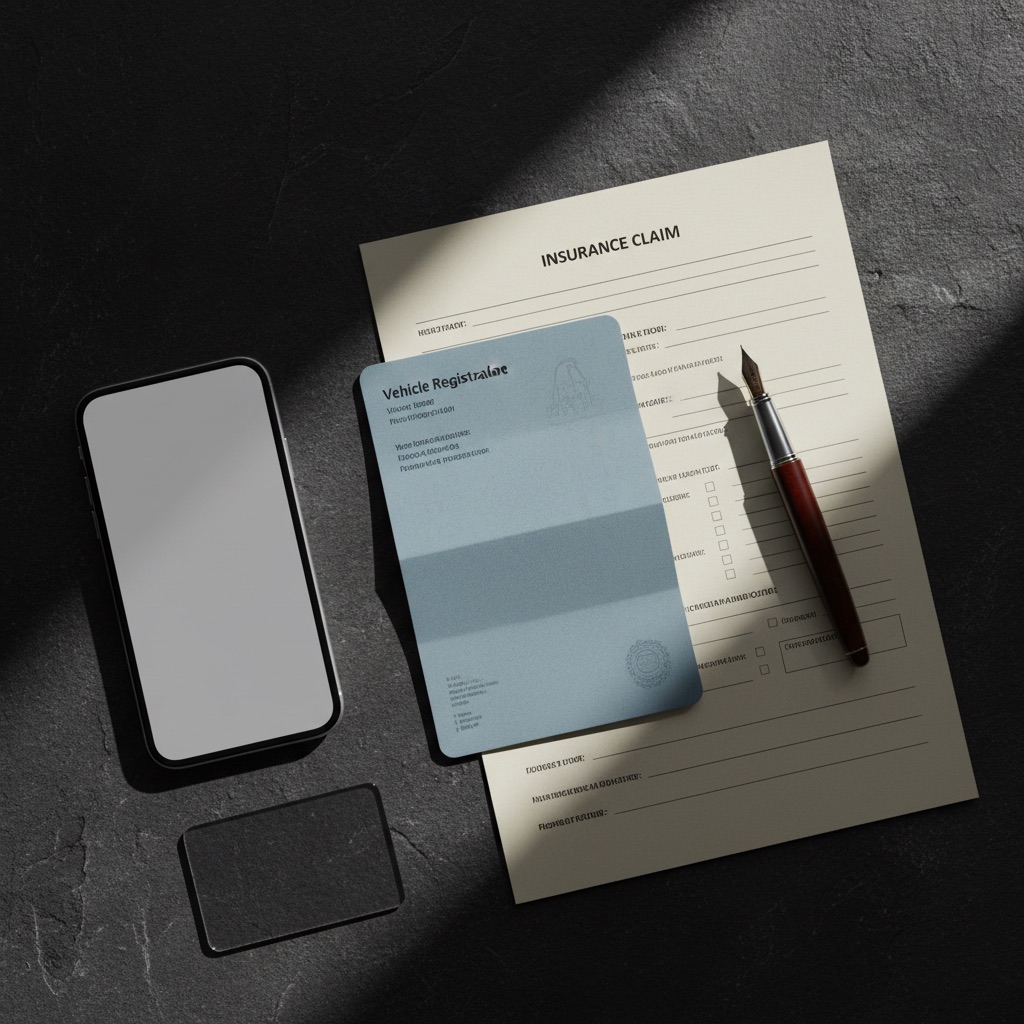 Documents d'assurance auto et carte grise sur un bureau